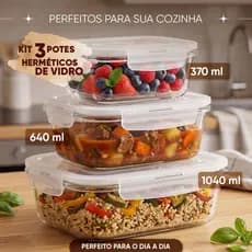 Kit Potes de Vidro Hermético 3 Peças Marmita Retangular Tampa Forte Alimentos 370ml 640ml 1040ml