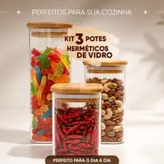 KIT 3 POTES HERMETICOS TAMPA BAMBU QUADRADO 500ml 300ml 250ml