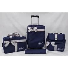 kit de bolsas de maternidade com mala, bolsa e mochila azul marinho com faixa cinza e branco