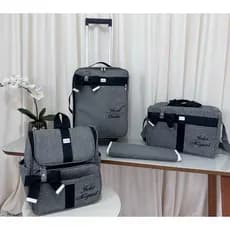 kit de bolsa de maternidade com mala de rodinha e mochila dois em um  cinza com faixa preta.