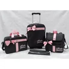 kit de bolsas de maternidade com mala de rodinha e mochila 2 em um preto com faixa rosa bebê2