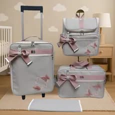 Kit de bolsas de maternidade mala, mochila, bolsas e trocador bege claro com borboletas e faixa rose