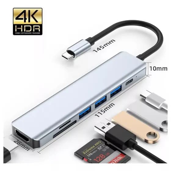 Hub USB-C 8 em 1 HDMI 4K RJ45 USB 3.0 SD TF PD 100W Adaptador Notebook MacBook Celular