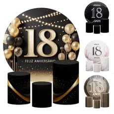 Kit de Festa de Aniversário Meus 18 Anos Capas de Cilindro + Painel Redondo Decorativo Vários Temas