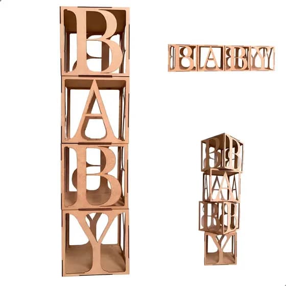 Kit Cubos Decorativos BABY MDF Cru Letras Vazadas Para Chá de Bebê Festa