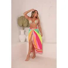 SAIA PAREÔ, SAIDA DE PRAIA LONGA ESTAMPADA LISTRADA, NEON,  MODA PRAIA, VIRA VESTIDO E SAIA