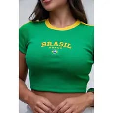 Blusa Femina Cropped ediçao Brasil, manga curta bordado
