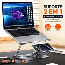 Suporte Para Notebook Alumínio Ajustável Dobrável 2 em 1 Base Laptop Celular