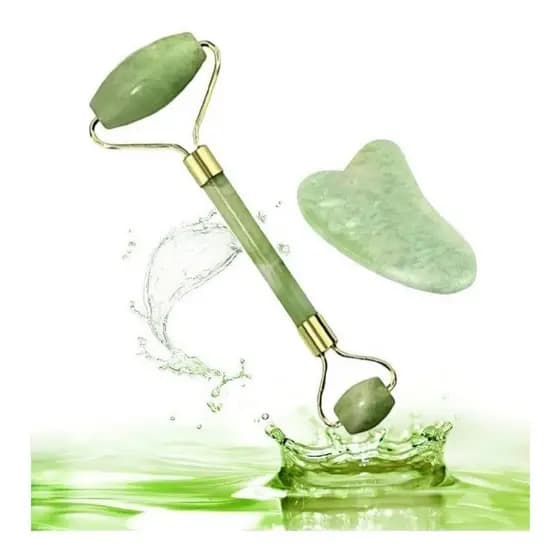 Rolo Jade + Placa Gua Sha Massagem Facial Anti Ruga Blogueira Variações Rolo Pedra Jade