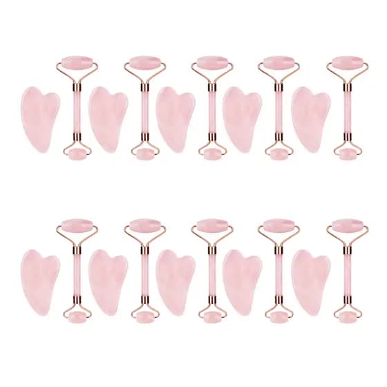 kit com 10 Rolos Massageadores Facial Quartzo Rosa Gua Sha Jade Anti Rugas