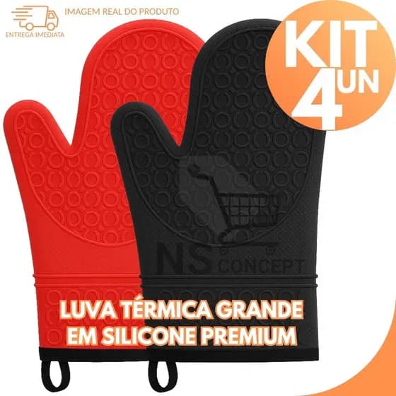 Jogo 4 Luvas Térmicas em Silicone Premium Grandes Resistente ao Calor até 230°C Antiderrapante Impermeável para Forno