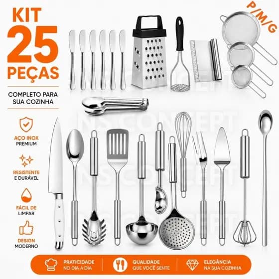 Utensílios para Cozinha em Inox Concha Escumadeira Espátula Pegador Talheres Espátulase Acessórios Premium Jogo Completo