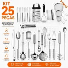 Utensílios para Cozinha em Inox Concha Escumadeira Espátula Pegador Talheres Espátulase Acessórios Premium Jogo Completo
