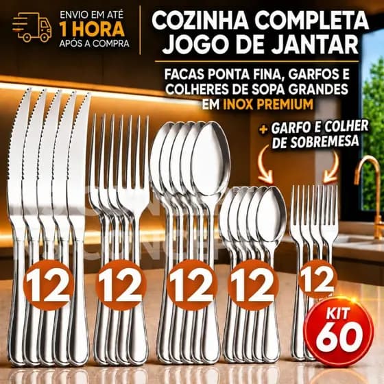 Kit 60 Talheres Premium Em Inox Jogo Completo 12 Garfo 12 Faca 12 Colher 12 Garfo Sobremesa 12 Colher Sobremesa