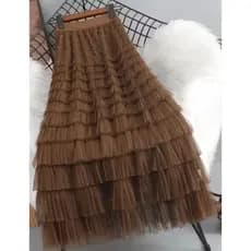Moda Feminina Malha Saia Cor sólida Elástico Cintura Alta Fio Tutu Longo Tule Bolo Para Mulheres