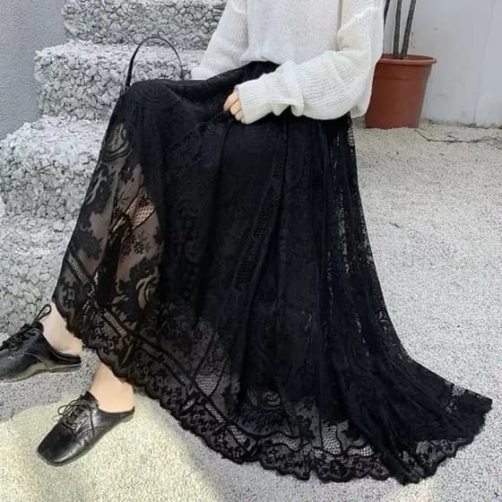 Saia de fada estilo palácio de renda feminina 2025 nova malha plissada temperamento grande saia longa em linha A