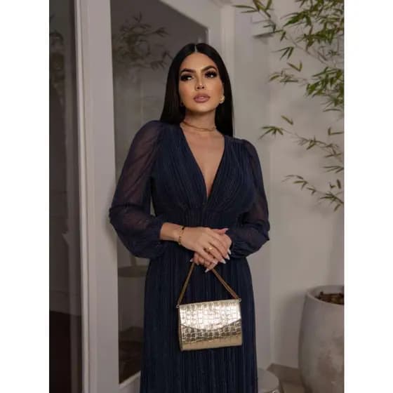 Vestido Luxuoso Decote Transpassado Acinturado para Madrinha e Formanda Delicado Manga Longa com Brilho (Tule06.)