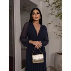 Vestido Luxuoso Decote Transpassado Acinturado para Madrinha e Formanda Delicado Manga Longa com Brilho (Tule06.)
