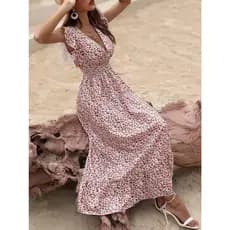 Vestido Feminino estampa floral com detalhes em elastec cinto em amarração importador (F2023-07)