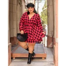 Macaquinho Curto Short Saia Plus Size Manga Longa Feminino Veste do 46 Ao 54