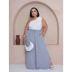 Calça Pantalona Plus Size com Fenda Lateral  veste até 60