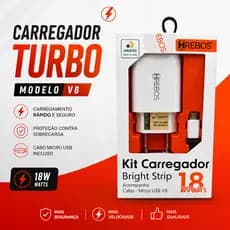 Carregador Celular Turbo Micro USB V8 Rápido 18W Completo Com Cabo Branco