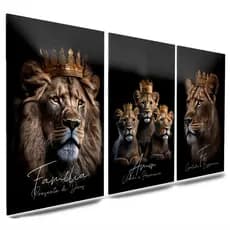 Quadro Decorativo Kit 3 Peças Leão Família 3 Filhotes Leão Rei Leoa Rainha Coroa Amor Fé Sala Quarto