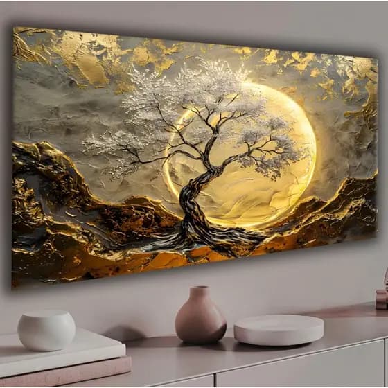 Quadro Decorativo Árvore e Lua Abstrato Arte Moderna