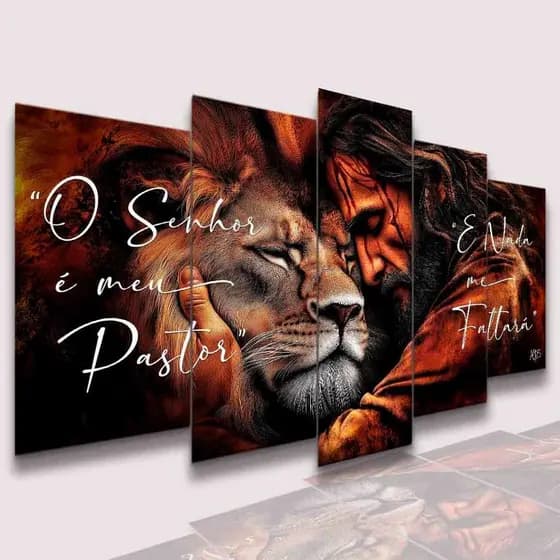 Quadro Decorativo Kit 5 Peças Jesus Cristo Leão Rei De Judá Frase Religiosa Salmo 23 Sala Quarto