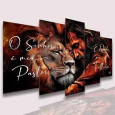 Quadro Decorativo Kit 5 Peças Jesus Cristo Leão Rei De Judá Frase Religiosa Salmo 23 Sala Quarto