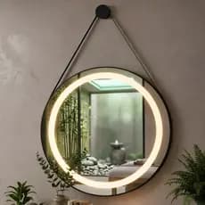Espelho Redondo com LED 3 Cores Adnet com Moldura em Couro Jateado 40 a 80cm Touch Com Suporte