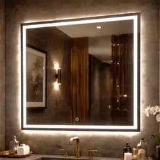 Espelho Quadrado com Botão Touch de Parede Jateado com LED 3 Cores Vários Tamanhos Decoração Luxo