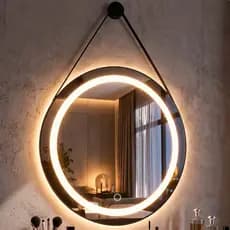 Espelho Redondo com LED 3 Cores Adnet Jateado 40 a 60cm Botão Touch Moldura Couro com Pino Suporte