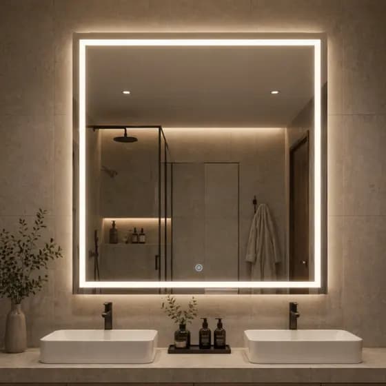 Espelho LED Touch Quadrado 50x50 cm Bivolt Dimmer 3 Temperaturas Jateado Banheiro Salão