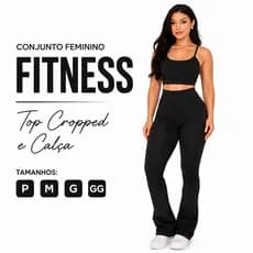 Conjunto Feminino Calça Legging Flare Fitness Academia Top Cropped Na Cor Preto