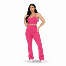 Conjunto Fitness Feminino Rosa Zero Transparência Top Cropped E Calça Legging Flare Academia