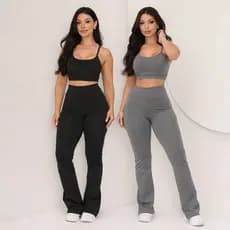 2 Conjuntos Calças Legging Flare e Top Cropped Feminino De Academia Nas Cores Preto E Cinza