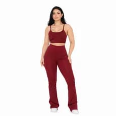 Conjunto Fitness Feminino Bordô Calça Legging Flare E Top Cropped Academia Zero Transparência
