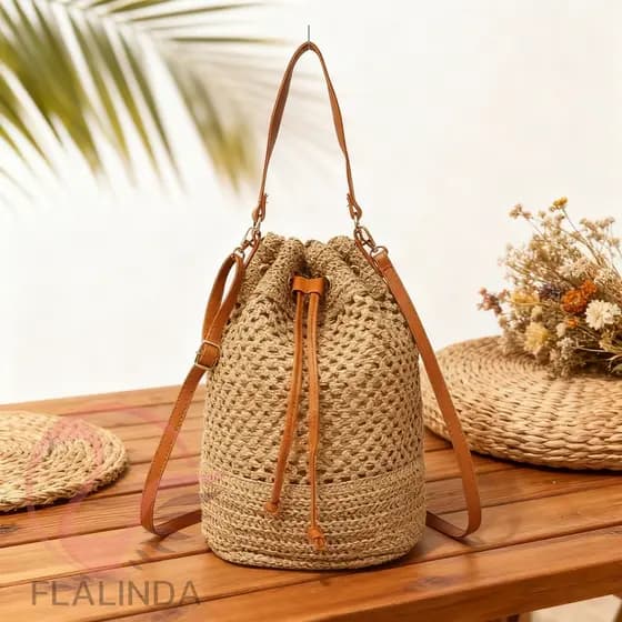 Bolsa Saco Feminina de Palha Sintética Trançada – Modelo Bucket com Alça Ajustável, Leve e Estilo Verão | 1182#