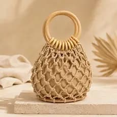 Bolsa de Crochê | Bolsa de Palha Saco de Rede Redonda Bolsa de Mão com Alça de Madeira Moda Praia Verão | ref.1181