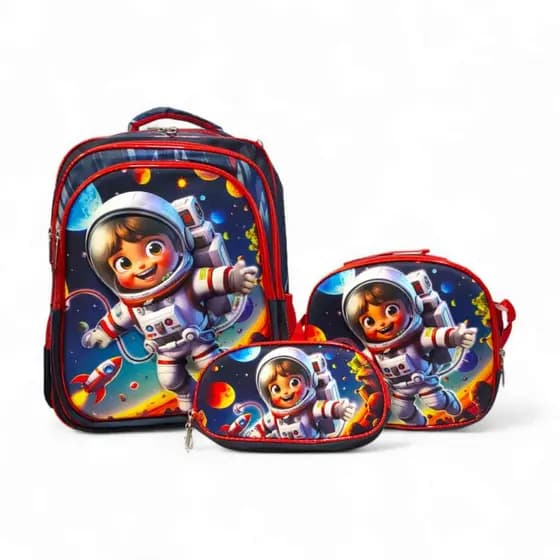 Mochila Infantil Escolar Astronauta com LED Piscante ao Toque + Lancheira e Estojo Kit 3 Peças