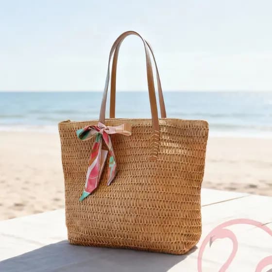 Bolsa Feminina de Palha Praia Verão Tote Grande Alça em Couro Estilo Casual Elegante com Lenço