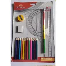 Kit Escolar 18 Pçs Win Paper - 12 Lápis cor 1 Esquadro/Régua/Trasferidor/Borracha/Apontador/Lápis