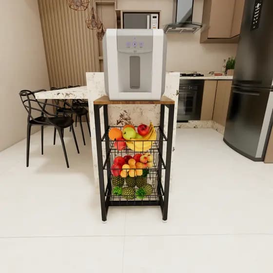 Fruteira De Chão Para Cozinha Preto Fosco Em Aço MDF Amadeirado