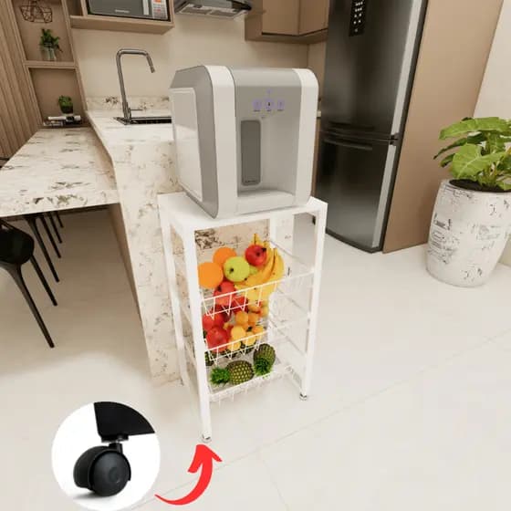 Fruteira De Chão Com Rodinha Cozinha Decoração Elegante Branco Tampo De Aço