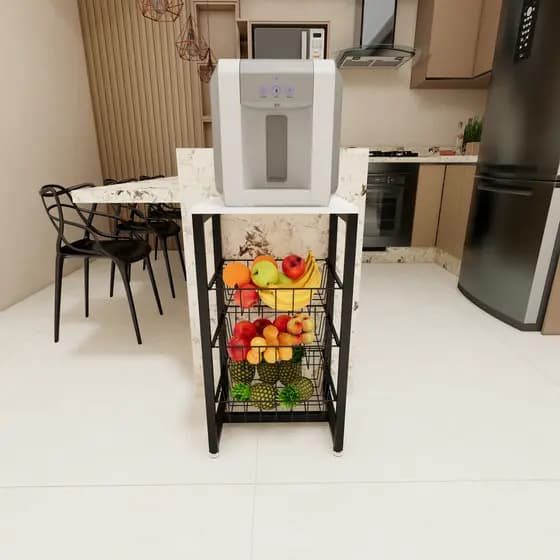 Fruteira De Chão Para Cozinha Preto Fosco Em Aço Mdf Branco