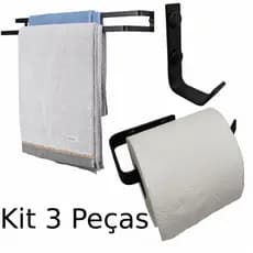 Acessório P/ Banheiro Kit 3 Peças Toalheiro Duplo Preto 60cm