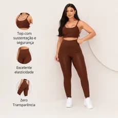Conjunto Fitness Feminino Marrom Top e Calça Em Suplex Zero Transparência Para Academia