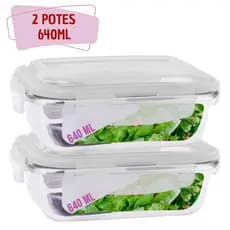 Kit 2 Potes Tampa Hermetica 4 Travas Retangular Vidro 640ml