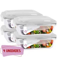 Kit 4 Potes Tampa Hermetica 4 Travas Retangular Vidro 640ml